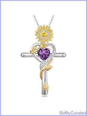 Sunflower Cross Necklace Two-Tone Pendant with Amethyst Birthstone